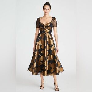 Theia Beaded Gold Black Midi Dress
